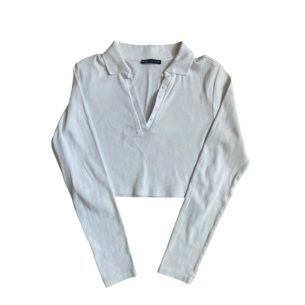 Zara White Ribbed Long Sleeve Cropped Henley Polo Top L